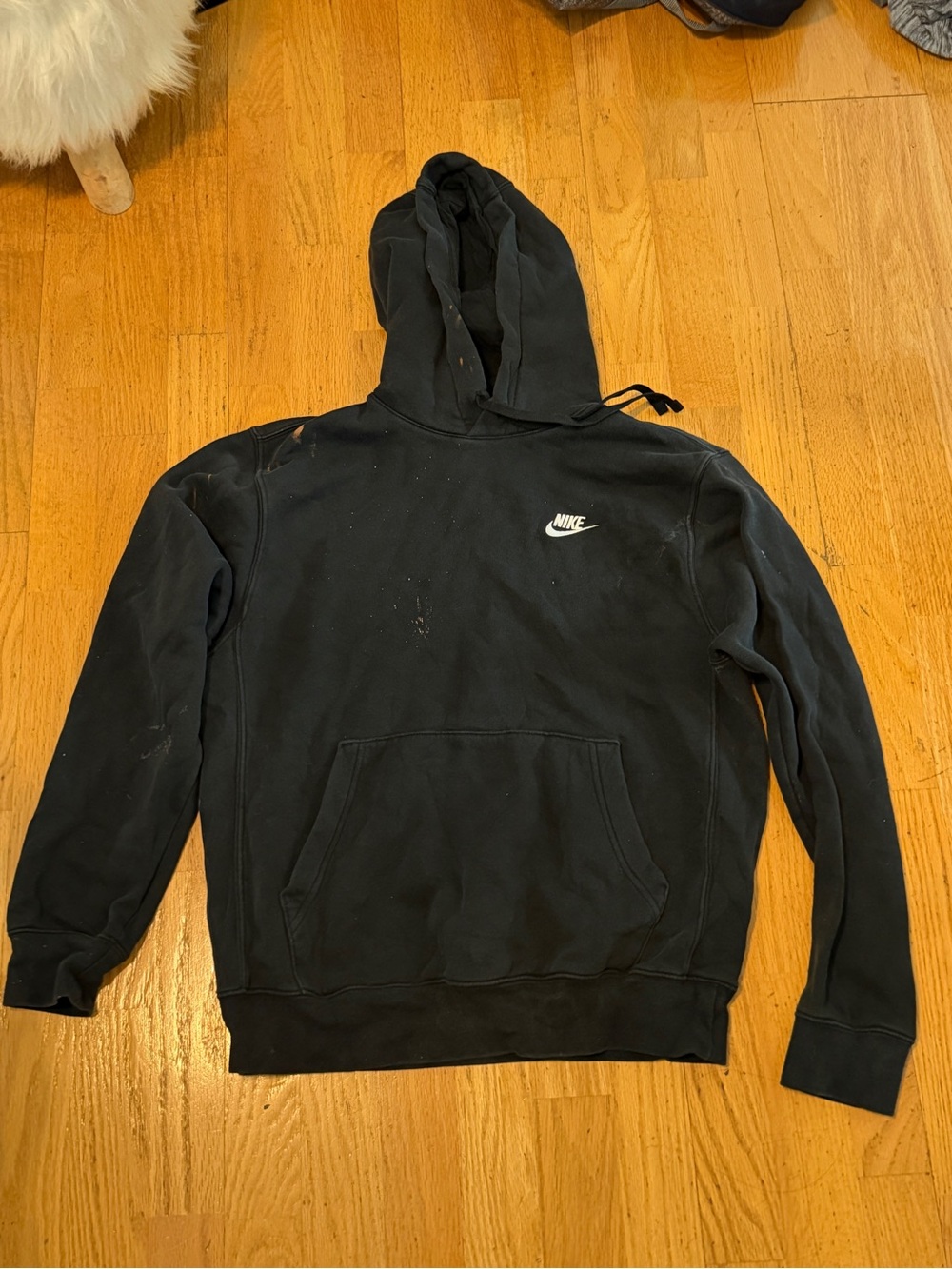 Nike Pullover Hoodie Black Embroidered Swoosh S Distressed Stained Sweatshirt